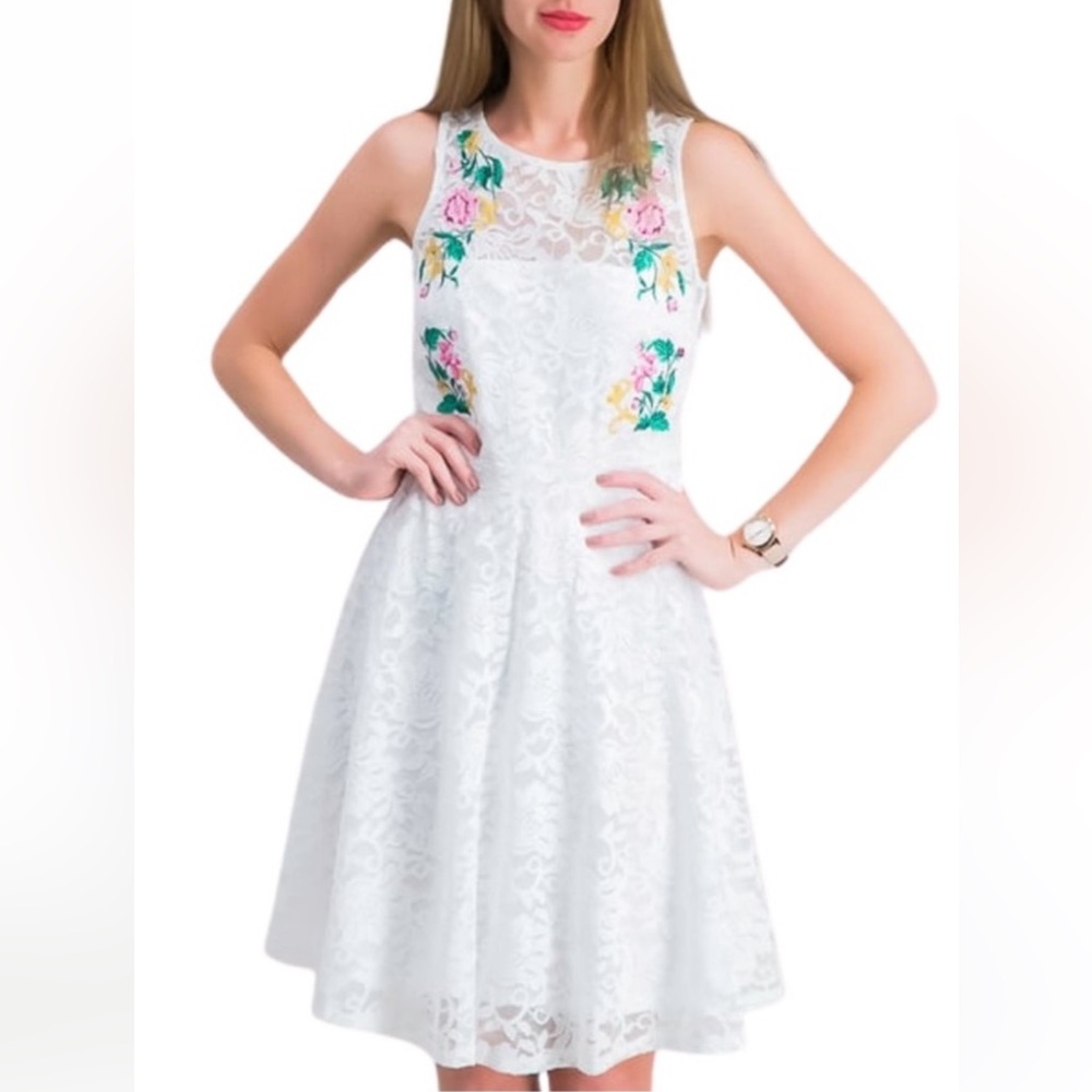 White Floral Embroidered Sleeveless Lace Dress by Thalia Sodi